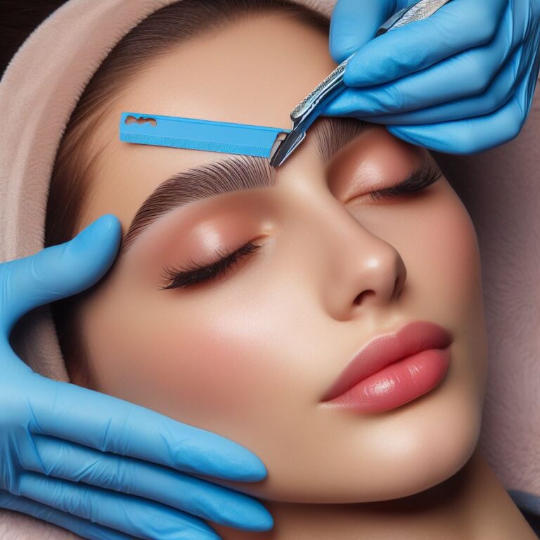 Alt text: A close-up of a woman receiving eyebrow shaping. A professional wearing blue gloves is using a tool to shape her eyebrows, while a ruler is placed above her brows to guide the process. The woman has a serene expression, with her eyes closed and a soft, natural makeup look.