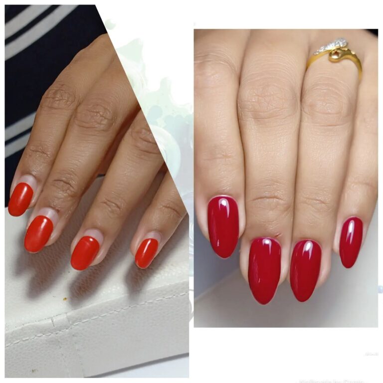 Nail Salons Nairobi: Get the Best Manicure & Pedicure Services. 5 A split image of two hands. The left hand features short, bright red nails with a glossy finish. The right hand showcases longer, polished red nails, also glossy, with a gold ring on the ring finger. The background is neutral, highlighting the manicured nails.