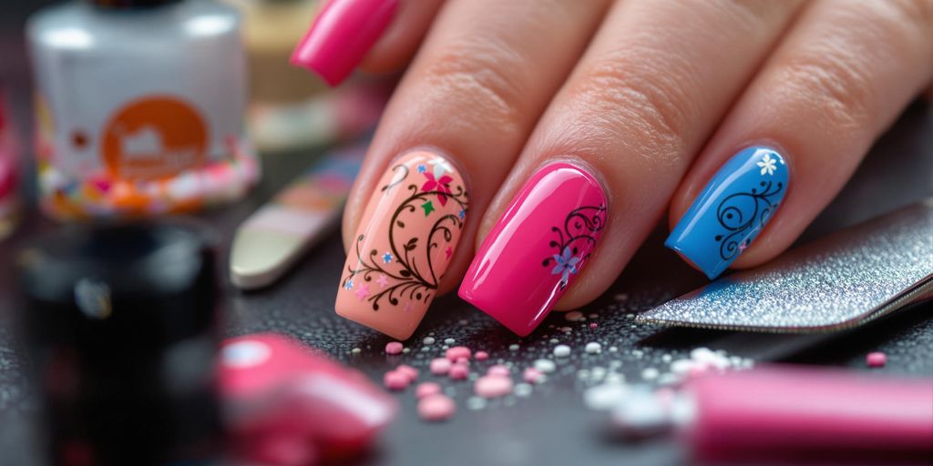 Close-up of colorful manicured nails with nail care tools