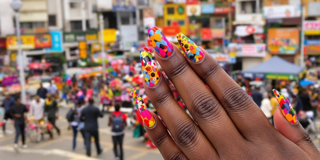 Colorful long nails with city background in Kenya