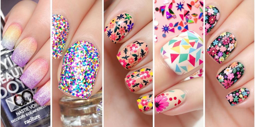 Five unique nail designs in colorful styles